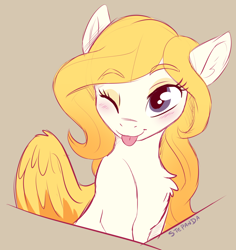 Size: 1024x1086 | Tagged: safe, artist:stepandy, imported from derpibooru, oc, oc only, oc:arvensis, pegasus, pony, blushing, chest fluff, female, mare, one eye closed, solo, tongue out