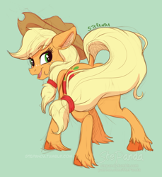 Size: 1024x1117 | Tagged: safe, artist:stepandy, imported from derpibooru, applejack, earth pony, pony, dock, female, looking at you, looking back, looking back at you, mare, open mouth, simple background, unshorn fetlocks