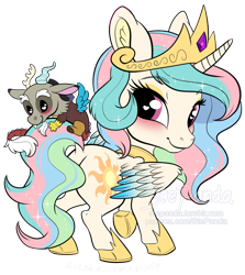 Size: 900x1007 | Tagged: safe, artist:stepandy, imported from derpibooru, discord, princess celestia, alicorn, draconequus, pony, blushing, butt, chibi, chibilestia, clothes, cloven hooves, colored wings, colored wingtips, crown, cute, cutelestia, discute, dislestia, dock, female, happy, heart eyes, hug, jewelry, looking back, male, mare, necklace, obtrusive watermark, one hoof raised, plot, raised hoof, regalia, shipping, shoes, signature, simple background, size difference, smiling, sparkly mane, spread wings, standing, straight, sunbutt, tail hug, transparent background, watermark, wingding eyes, wings