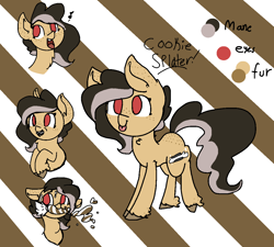 Size: 1142x1028 | Tagged: safe, artist:nootaz, imported from derpibooru, oc, oc only, oc:cookie splatter, earth pony, pony, abstract background, freckles, mouth hold, music notes, reference sheet, unshorn fetlocks