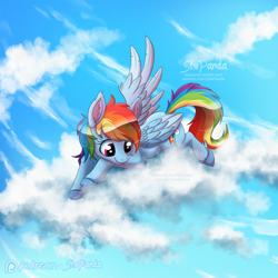 Size: 1024x1024 | Tagged: safe, artist:stepandy, imported from derpibooru, rainbow dash, pegasus, pony, cloud, cute, dashabetes, feathered fetlocks, female, looking down, mare, patreon, patreon logo, prone, sky, smiling, solo, unshorn fetlocks