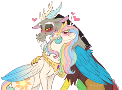 Size: 1024x753 | Tagged: safe, artist:stepandy, imported from derpibooru, discord, princess celestia, alicorn, draconequus, pony, colored sketch, crown, dislestia, female, hug, jewelry, male, mare, necklace, regalia, shipping, simple background, straight, transparent background