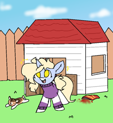 Size: 650x710 | Tagged: safe, artist:nootaz, imported from derpibooru, oc, oc:nootaz, corgi, dog, pony, unicorn, backyard, cheetos, clothes, female, filly, house, sweater