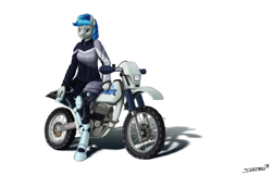 Size: 2000x1284 | Tagged: safe, artist:sa1ntmax, imported from derpibooru, oc, oc only, oc:truxy, anthro, earth pony, unguligrade anthro, blue mane, female, heterochromia, honda xlr 250r, motocross outfit, motorcross, motorcross outfit, motorcycle, outfit, simple background, solo, white background