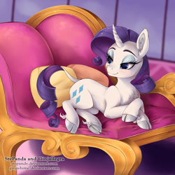 Size: 1024x1024 | Tagged: safe, artist:ginjallegra, artist:stepandy, imported from derpibooru, rarity, classical unicorn, pony, unicorn, beautiful, chest fluff, cloven hooves, collaboration, curved horn, cute, fainting couch, female, leonine tail, lidded eyes, mare, raribetes, solo, unshorn fetlocks