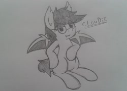 Size: 2132x1536 | Tagged: safe, artist:chromchill12, imported from derpibooru, oc, oc only, oc:cloudie, bat pony, pony, bat pony oc, monochrome, pencil drawing, sitting, solo, spread wings, traditional art, wings