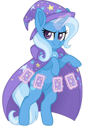 Size: 2048x3000 | Tagged: safe, artist:cinnamontee, imported from derpibooru, trixie, pony, unicorn, bipedal, cape, card, clothes, female, hat, looking at you, magic, mare, simple background, solo, telekinesis, transparent background, trixie's cape, trixie's hat, vector