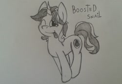 Size: 2232x1536 | Tagged: safe, artist:chromchill12, imported from derpibooru, oc, oc only, oc:boosted snail, pony, unicorn, male, monochrome, one eye closed, pencil drawing, pronking, simple background, solo, tongue out, traditional art