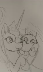 Size: 2540x4261 | Tagged: safe, artist:poofiemus, imported from derpibooru, princess luna, alicorn, pony, crossover, final space, hug, mooncake (final space), pencil drawing, traditional art