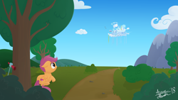 Size: 4000x2250 | Tagged: safe, artist:arcane-thunder, imported from derpibooru, scootaloo, pegasus, pony, cloudsdale, cute, daaaaaaaaaaaw, female, filly, high res, looking up, scootaloo can't fly, scooter, signature, solo, tree