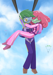 Size: 800x1125 | Tagged: safe, artist:howxu, imported from derpibooru, oc, oc only, oc:software patch, oc:windcatcher, equestria girls, bridal carry, clothes, duo, equestria girls-ified, falling, female, goggles, hug, jumpsuit, male, one eye closed, parachute, sky, skydiving, straight, windpatch