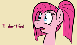 Size: 475x279 | Tagged: safe, artist:glimglam, edit, imported from derpibooru, pinkie pie, earth pony, pony, bust, emotionless, hilarious in hindsight, pinkamena diane pie, speech