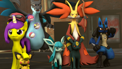 Size: 3840x2160 | Tagged: safe, artist:goatcanon, imported from derpibooru, oc, oc:lemontwist, charizard, delphox, glaceon, lucario, pichu, umbreon, 3d, crossover, digital art, hat, mega charizard x, nintendo, poké ball, pokéball, pokémon, source filmmaker