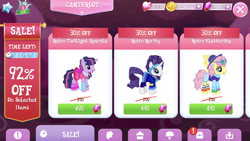 Size: 1334x750 | Tagged: safe, imported from derpibooru, fluttershy, rarity, twilight sparkle, alicorn, 80s, bits, costs real money, gameloft, gem, hoofgazer fluttershy, pop princess twilight, twilight sparkle (alicorn)