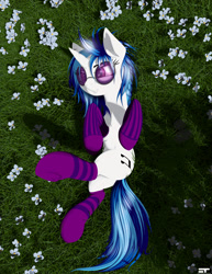 Size: 1700x2200 | Tagged: safe, alternate version, artist:styroponyworks, imported from derpibooru, dj pon-3, vinyl scratch, pony, unicorn, belly button, clothes, female, flower, grass, grass field, mare, smiling, socks, solo, stockings, striped socks, sunglasses, thigh highs