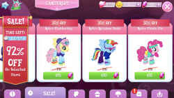 Size: 1334x750 | Tagged: safe, imported from derpibooru, fluttershy, pinkie pie, rainbow dash, 80s, costs real money, gameloft, gem, glam rock dash, hoofgazer fluttershy