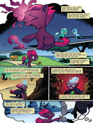 Size: 768x1024 | Tagged: safe, artist:andypriceart, idw, imported from derpibooru, fizzlepop berrytwist, glitter drops, spring rain, storm king, tempest shadow, pony, unicorn, my little pony: the movie, spoiler:comic, spoiler:comic68, broken horn, cloak, clothes, comic, eye scar, female, filly, filly tempest shadow, foal, mare, misfortune malachite, official comic, preview, scar, speech bubble, tempest's tale, you know for kids, younger