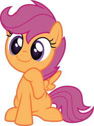 Size: 3744x5000 | Tagged: safe, artist:salemcat, edit, imported from derpibooru, scootaloo, pegasus, pony, cute, cutealoo, female, filly, front view, raised hoof, show accurate, simple background, sitting, smiling, solo, spread wings, suggestive source, transparent background, wings