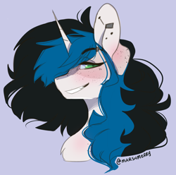 Size: 3284x3262 | Tagged: safe, artist:skylacuna, imported from derpibooru, oc, oc only, pony, blushing, ear piercing, female, gray background, grin, mare, piercing, simple background, smiling, solo