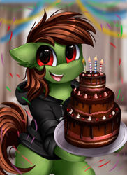 Size: 2550x3509 | Tagged: safe, artist:pridark, imported from derpibooru, oc, oc only, pony, birthday cake, cake, clothes, commission, food, hoodie, male, open mouth, smiling, solo, stallion, sweater