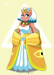 Size: 1512x2067 | Tagged: safe, artist:traupa, imported from derpibooru, somnambula, anthro, blushing, clothes, dress, female, glowpaz, open mouth, solo, wingdings