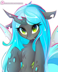 Size: 894x1118 | Tagged: safe, artist:koveliana, imported from derpibooru, queen chrysalis, changeling, changeling queen, blushing, chest fluff, chromatic aberration, cute, cutealis, fangs, female, looking at you, simple background, solo, white background