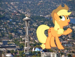 Size: 1024x768 | Tagged: safe, artist:jerryakira79, imported from derpibooru, applejack, earth pony, pony, female, giant pony, highrise ponies, irl, macro, photo, ponies in real life, raised hoof