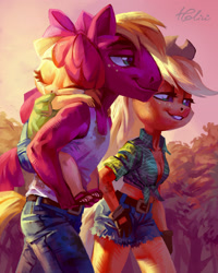 Size: 2204x2755 | Tagged: safe, artist:holivi, imported from derpibooru, apple bloom, applejack, big macintosh, anthro, earth pony, plantigrade anthro, big head, bow, breasts, carrying, cleavage, clothes, cowboy hat, daisy dukes, eyes closed, feet, female, filly, freckles, gloves, hat, jeans, male, mare, pants, sandals, scenery, shorts, siblings, sleeping, stallion, stetson, sunset, tanktop, walking