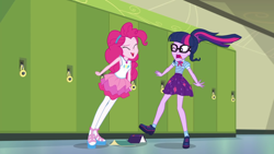 Size: 1920x1080 | Tagged: safe, imported from derpibooru, screencap, pinkie pie, sci-twi, twilight sparkle, equestria girls, equestria girls series, stressed in show, stressed in show: pinkie pie, clothes, eyes closed, female, geode of sugar bombs, geode of telekinesis, glasses, pantyhose, ponytail, sandals, shoes, skirt, socks, tanktop, yelling