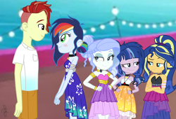 Size: 1250x850 | Tagged: safe, artist:ilaria122, imported from derpibooru, oc, oc:firestorm, oc:sapphire blue, oc:shining swirls, oc:sky, oc:velvet star, equestria girls, bedroom eyes, belt, blushing, braid, choker, clothes, crossed arms, cruise, cruise ship, dress, ear piercing, equestria girls-ified, hand on hip, holding hands, jewelry, love at first sight, necklace, next generation, nose piercing, offspring, parent:fancypants, parent:flash sentry, parent:rainbow dash, parent:rarity, parent:soarin', parent:sunset shimmer, parent:twilight sparkle, parents:flashimmer, parents:flashlight, parents:raripants, parents:soarindash, party dress, piercing, ponytail, shirt, simple background, smiling, smirk