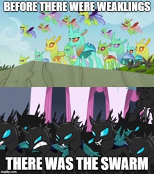 Size: 500x562 | Tagged: safe, edit, edited screencap, imported from derpibooru, screencap, arista, clypeus, cornicle, lokiax, soupling, changedling, changeling, a canterlot wedding, to change a changeling, before and after, frenulum (g4), meme, op has a point, op is a duck, unfortunate implications