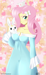 Size: 900x1469 | Tagged: safe, artist:emjapeve-art, artist:tittoons, imported from derpibooru, angel bunny, fluttershy, equestria girls, bare shoulders, blue dress, blushing, breasts, busty fluttershy, cleavage, clothes, crossover, crown, cute, digital art, dress, duo, female, hair over one eye, jewelry, looking at you, nintendo, off shoulder, princess rosalina, regalia, rosalina, signature, smiling, solo, super mario bros., super mario galaxy