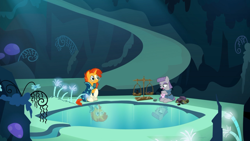 Size: 1366x768 | Tagged: safe, imported from derpibooru, screencap, maud pie, sunburst, uncommon bond, cave, cave pool, mirror pool, pebbles, scales, this will not end well