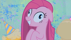 Size: 1364x768 | Tagged: safe, imported from derpibooru, screencap, pinkie pie, pony, party of one, contemplating insanity, derp, female, happy, pinkamena diane pie, smiling, solo