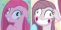 Size: 1388x682 | Tagged: safe, edit, edited screencap, imported from derpibooru, screencap, pinkie pie, party of one, yakity-sax, art evolution, comparison, contemplating insanity, derp, faic, grin, happiness, nightmare fuel, pinkamena diane pie, smiling