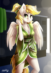 Size: 3500x5000 | Tagged: safe, alternate version, artist:sparklyon3, imported from derpibooru, oc, oc only, oc:dandelion blossom, anthro, pegasus, clothes, commission, rcf community, solo, vaguely asian robe, ych result