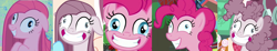 Size: 3672x676 | Tagged: safe, edit, edited screencap, imported from derpibooru, screencap, pinkie pie, party of one, ppov, yakity-sax, comparison, contemplating insanity, derp, faic, grin, happiness, happy, pinkamena diane pie, progression, smiling