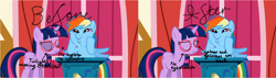 Size: 2040x578 | Tagged: safe, edit, edited screencap, imported from derpibooru, screencap, rainbow dash, twilight sparkle, applebuck season, animation error, animation error fixed, awesome face, before and after, comparison, dashface, eyeshadow, makeup