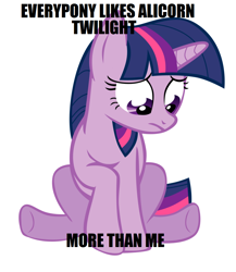 Size: 888x1024 | Tagged: safe, artist:sierraex, edit, imported from derpibooru, twilight sparkle, pony, unicorn, alicorn drama, drama, female, image macro, impact font, mare, meme, sad, simple background, solo, unicorn twilight, white background