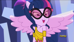 Size: 1366x768 | Tagged: safe, imported from derpibooru, screencap, sci-twi, twilight sparkle, dance magic, equestria girls, spoiler:eqg specials, >:d, dance magic (song), female, scitwilicorn, smiling, smirk, solo, spread wings, wings