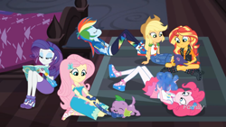 Size: 1366x768 | Tagged: safe, imported from derpibooru, screencap, applejack, fluttershy, pinkie pie, rainbow dash, rarity, spike, spike the regular dog, sunset shimmer, dog, equestria girls, equestria girls series, the finals countdown, balloon, converse, female, geode of empathy, geode of fauna, geode of sugar bombs, geode of super speed, geode of super strength, humane five, magical geodes, male, paws, shoes, tug of war