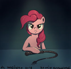 Size: 910x888 | Tagged: safe, artist:el-yeguero, imported from derpibooru, pinkie pie, earth pony, pony, female, looking at you, mare, serious, serious face, solo, whip