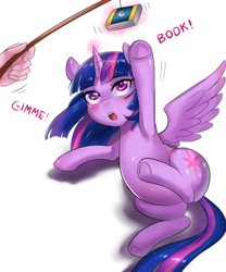 Size: 600x720 | Tagged: safe, artist:tzc, imported from derpibooru, twilight sparkle, alicorn, human, pony, adorkable, behaving like a cat, blushing, book, cat toy, cute, dialogue, dork, female, frog (hoof), glowing horn, looking up, magic, mare, that pony sure does love books, twiabetes, twilight cat, twilight sparkle (alicorn), underhoof