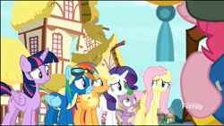 Size: 1366x768 | Tagged: safe, imported from derpibooru, screencap, applejack, fluttershy, pinkie pie, rainbow dash, rarity, spike, twilight sparkle, alicorn, dragon, yakity-sax, clothes, goggles, mane six, ponyville, twilight sparkle (alicorn), uniform, winged spike, wings, wonderbolts uniform