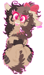 Size: 625x1080 | Tagged: safe, artist:vanillaswirl6, imported from derpibooru, oc, oc only, oc:choco cake delight, cake pony, earth pony, pony, bow, chest fluff, colored hooves, colored muzzle, colored pupils, commission, cute, dripping, ear fluff, floppy ears, freckles, hair bow, looking at you, on back, open mouth, signature, simple background, solo, sparkles, tail hold, transparent background