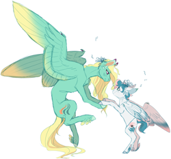 Size: 1500x1400 | Tagged: safe, artist:eqq_scremble, derpibooru exclusive, imported from derpibooru, zephyr breeze, oc, oc:riley winds, pegasus, pony, alternate design, canon x oc, feathered fetlocks, flower, flower in hair, holding hooves, pincushionzephyr, realistic horse legs, shipping, simple background, size difference, white background, wing claws