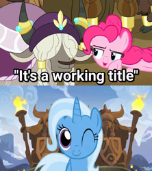 Size: 1920x2160 | Tagged: safe, edit, edited screencap, imported from derpibooru, screencap, pinkie pie, trixie, yigrid, yak, yakity-sax, cute, diatrixes, it's a working title, one eye closed, smiling, text, unnamed character, unnamed yak, whispering, wink, yakyakistan