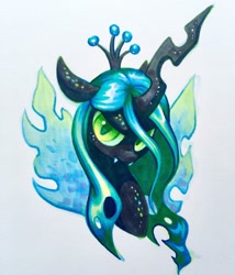 Size: 1750x2048 | Tagged: safe, artist:dawnfire, imported from derpibooru, queen chrysalis, changeling, changeling queen, bust, crown, female, jewelry, looking at you, marker drawing, regalia, simple background, solo, traditional art, white background