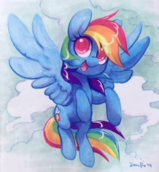 Size: 1892x2048 | Tagged: safe, artist:dawnfire, imported from derpibooru, rainbow dash, pegasus, pony, female, flying, happy, looking at you, mare, marker drawing, open mouth, solo, traditional art