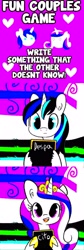 Size: 1030x3068 | Tagged: safe, artist:tjpones, artist:tjpones edits, edit, imported from derpibooru, princess cadance, shining armor, alicorn, pony, unicorn, chalkboard, comic, dank memes, deep fried meme, despacito, ear fluff, female, fun couples game meme, game, heart, hoof hold, hoof shoes, male, mare, meme, needs more jpeg, sign, stallion, unshorn fetlocks